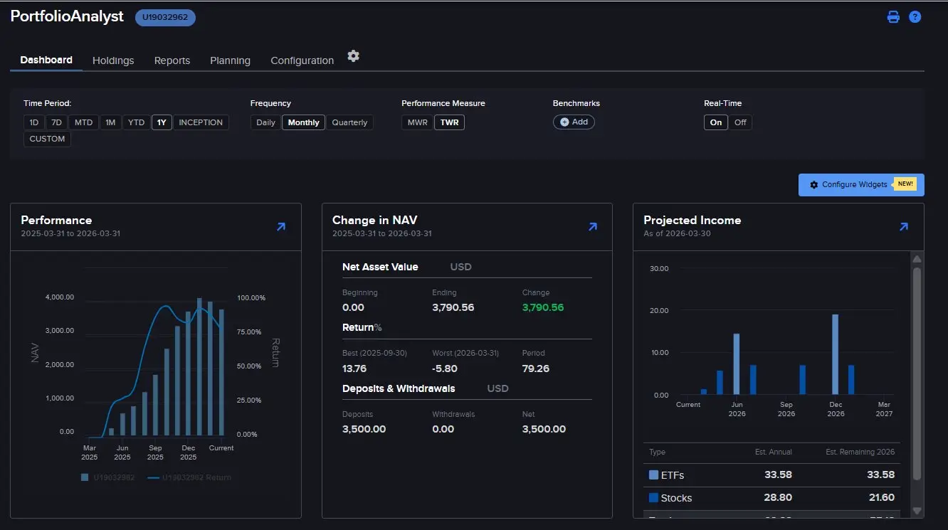 Interactive Brokers portfolio dashboard with P&L view