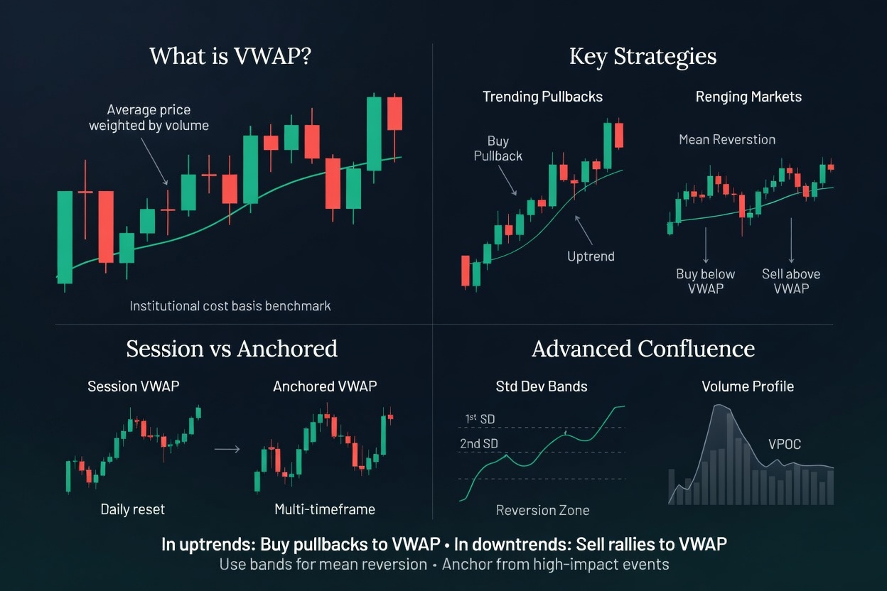 VWAP trading strategy infographic showing institutional volume weighted average price