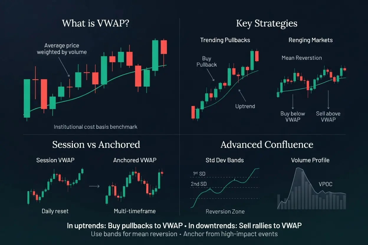 VWAP trading strategy infographic showing institutional volume weighted average price