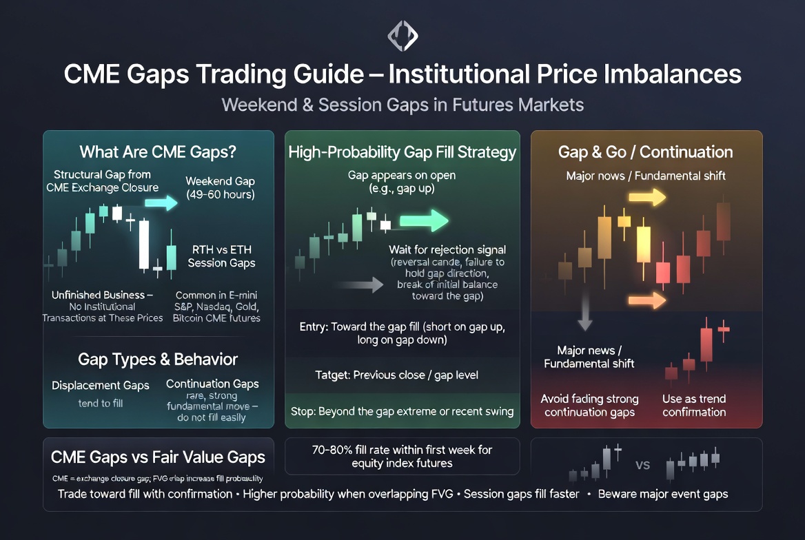 CME gaps explained infographic showing weekend and session gap trading