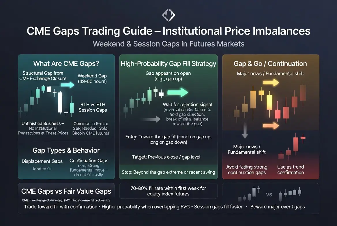 CME gaps explained infographic showing weekend and session gap trading