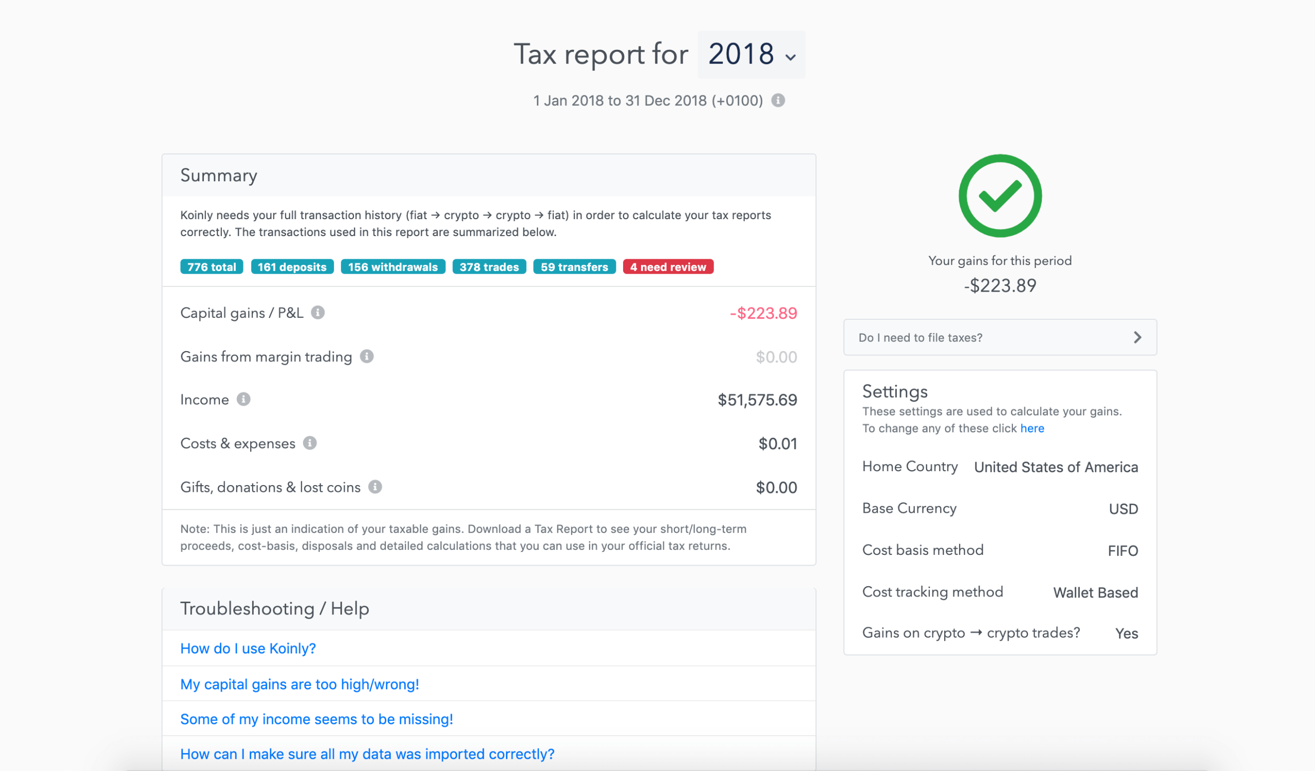 Koinly crypto tax report generation screen