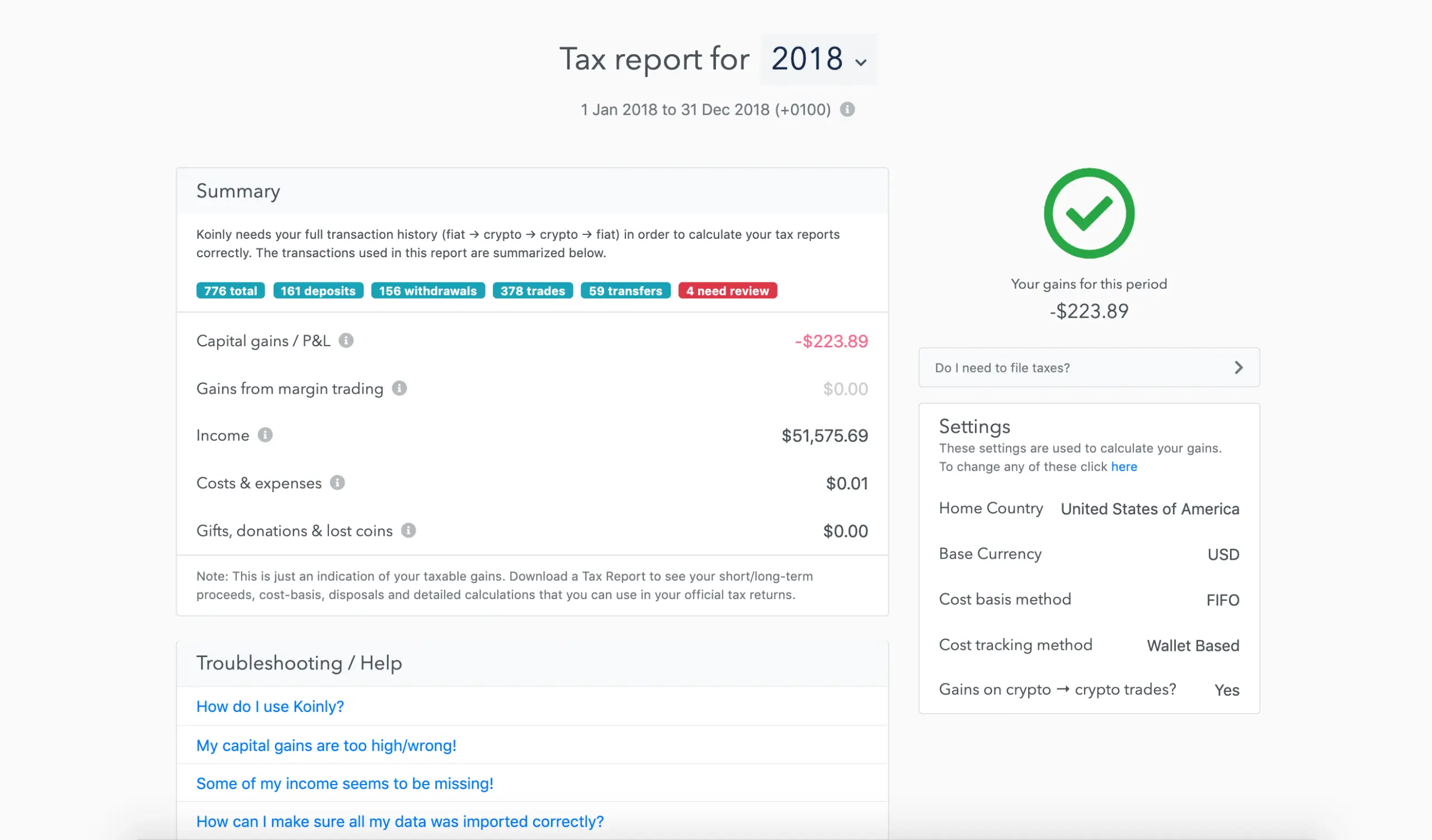 Koinly crypto tax report generation screen