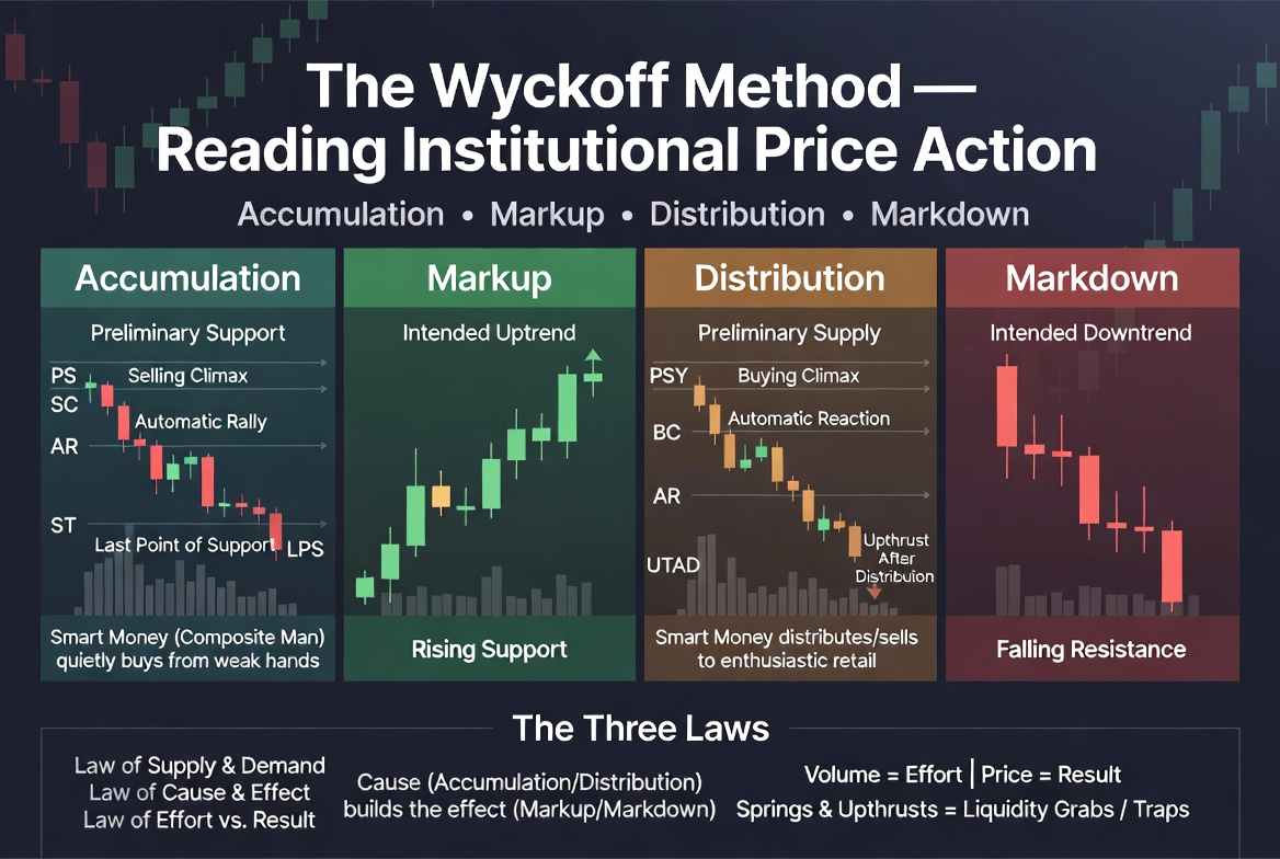 Wyckoff Method infographic showing accumulation distribution markup and markdown phases