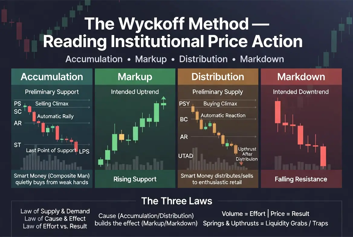 Wyckoff Method infographic showing accumulation distribution markup and markdown phases
