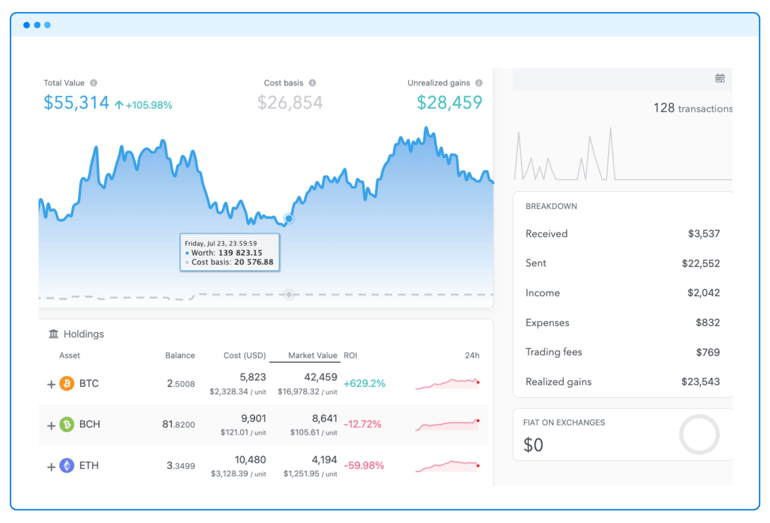 Koinly portfolio dashboard showing crypto holdings and gains