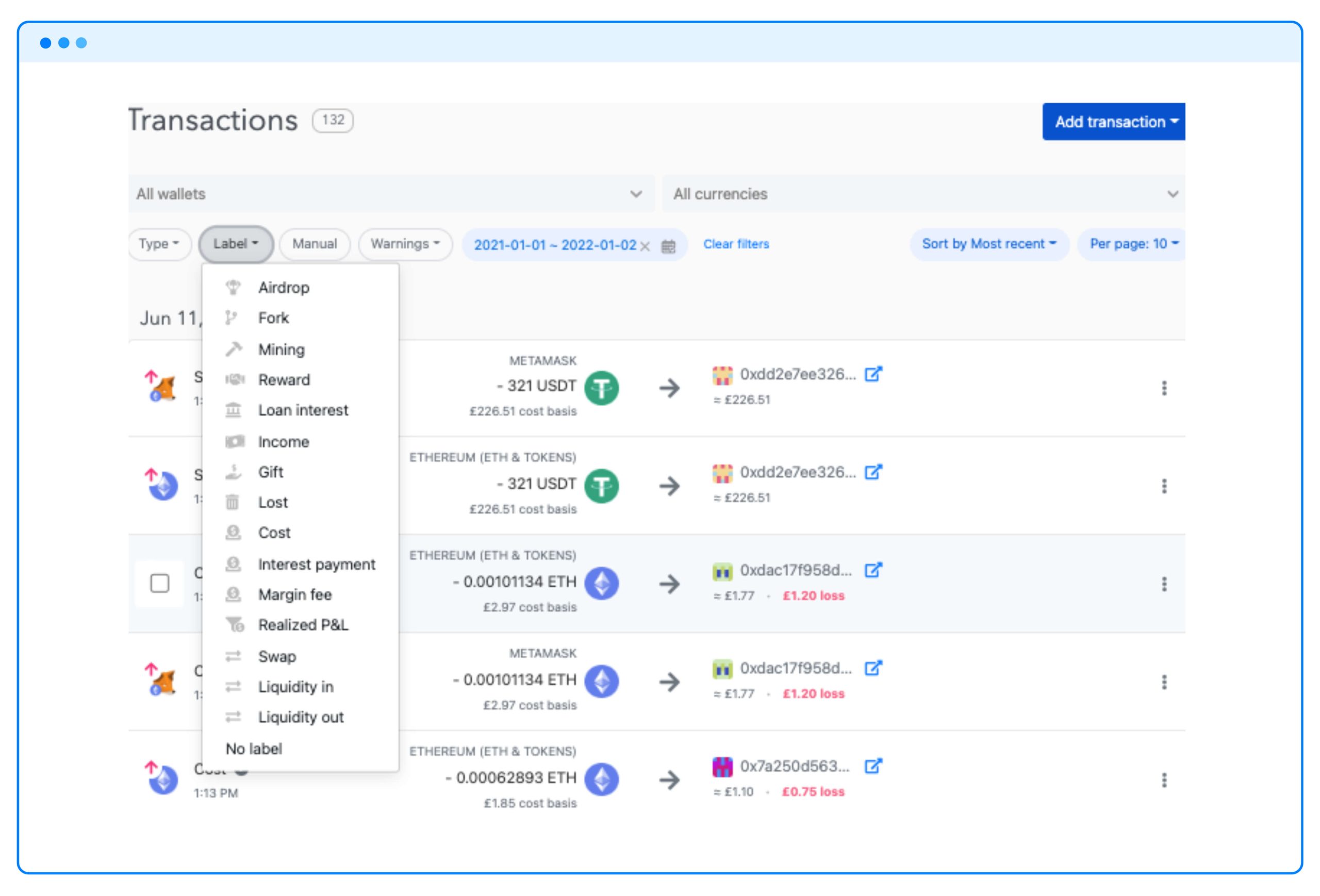 Koinly transaction import and reconciliation view