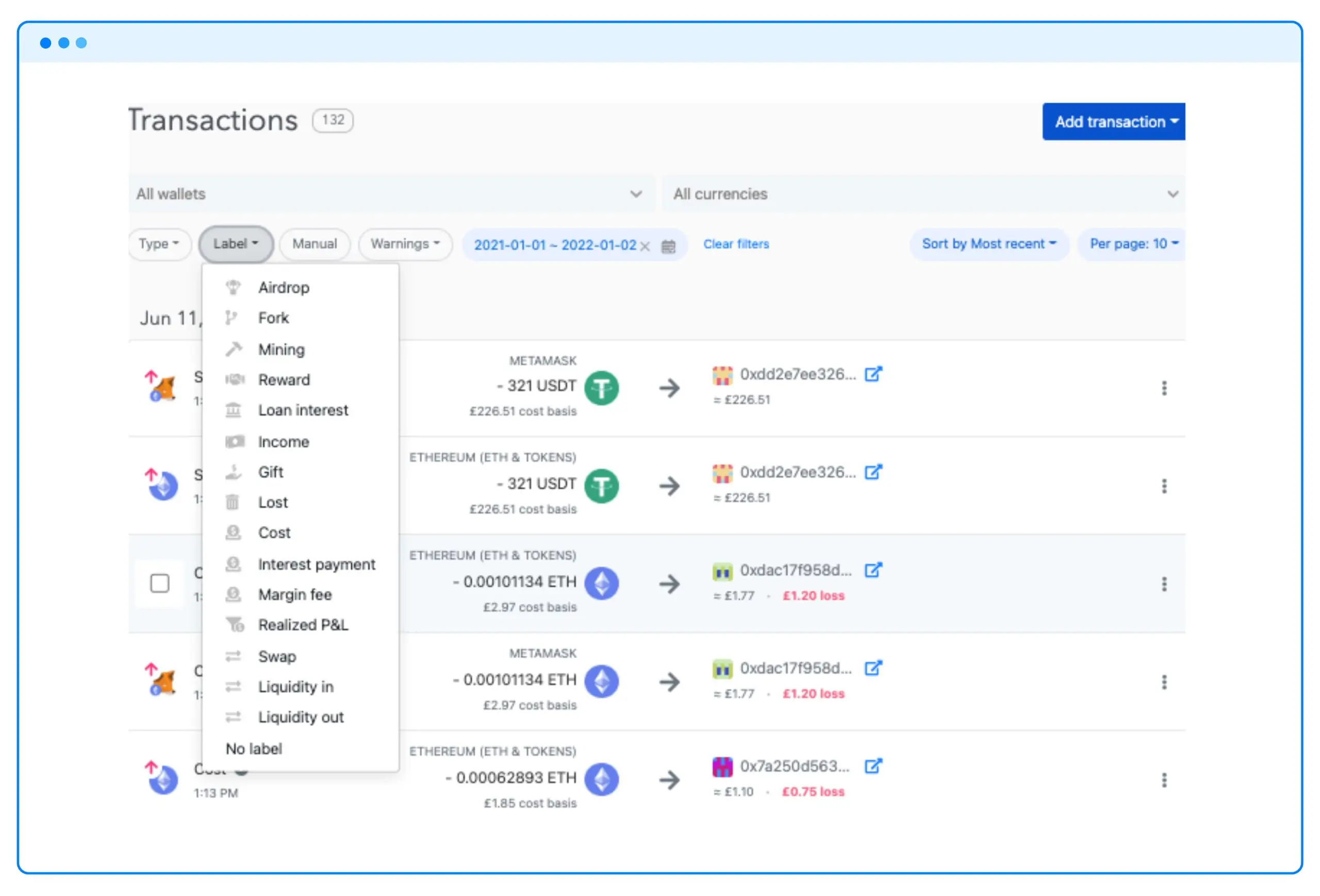 Koinly transaction import and reconciliation view