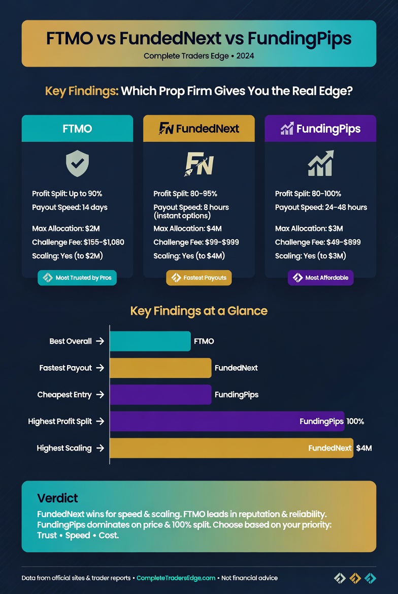 FTMO vs FundedNext vs FundingPips Infographic