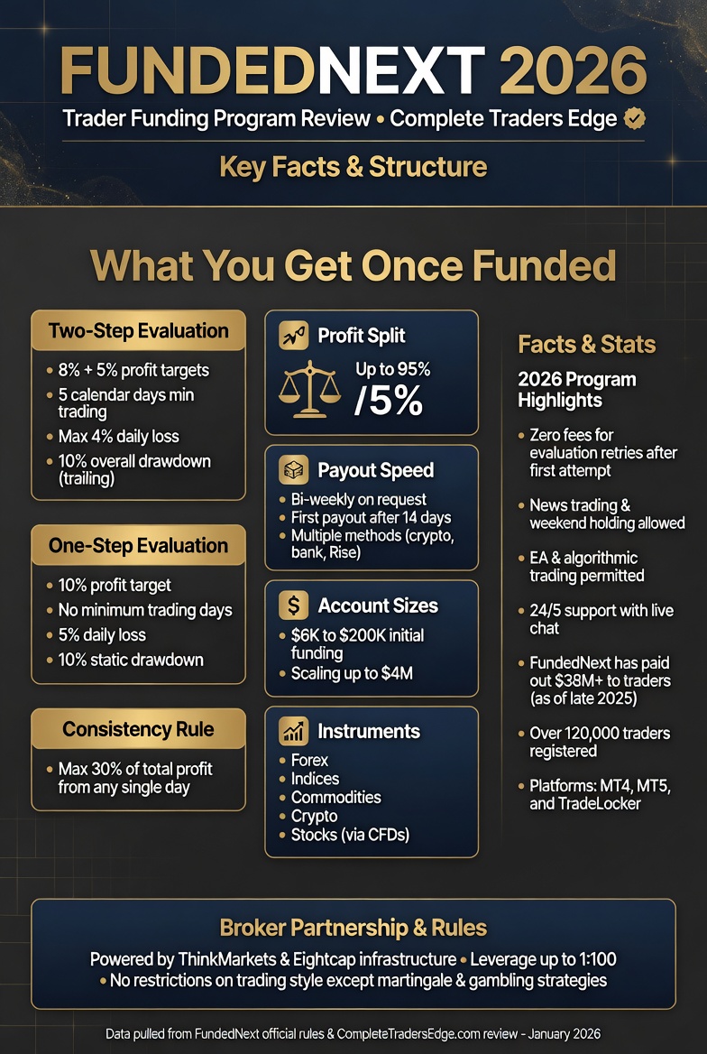FundedNext Review 2026 Infographic