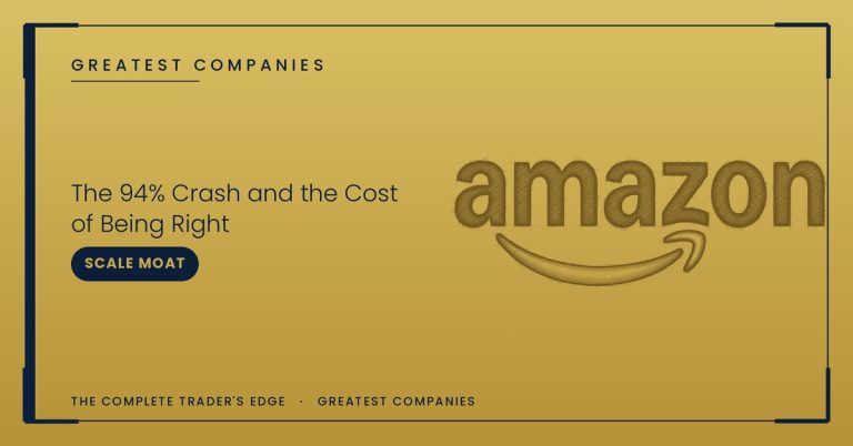 Amazon logo sketch on gold — The 94% Crash and the Cost of Being Right — Greatest Companies series