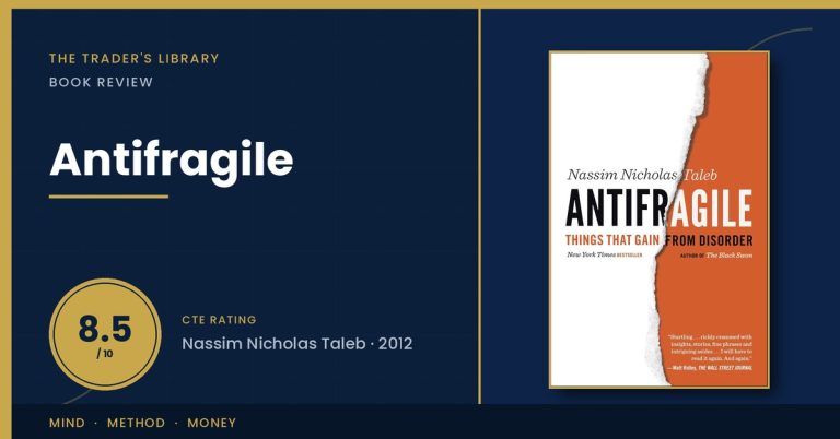 Antifragile by Nassim Nicholas Taleb — book cover with The Trader's Library review rating 8.5/10