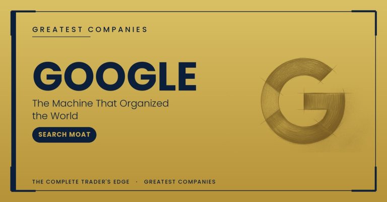 Google logo sketch on gold — The Machine That Organized the World — Greatest Companies series