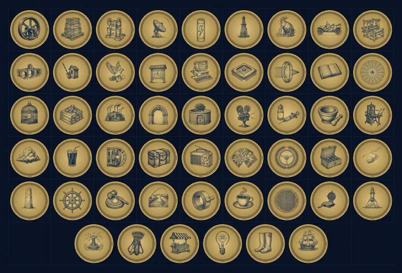 The 51 hand-drawn company emblems from the book Greatest Companies