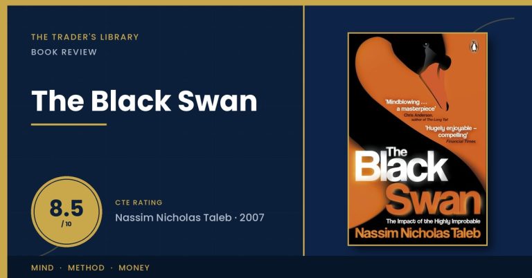 The Black Swan by Nassim Nicholas Taleb — book cover with The Trader's Library review rating 8.5/10