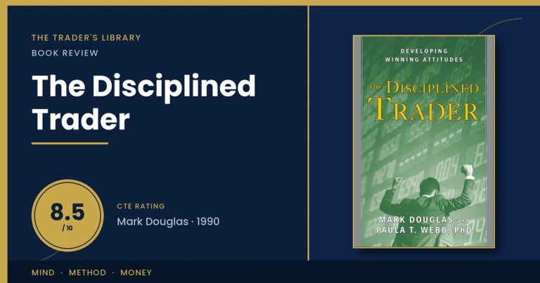 The Disciplined Trader by Mark Douglas — book cover with The Trader's Library review rating 8.5/10