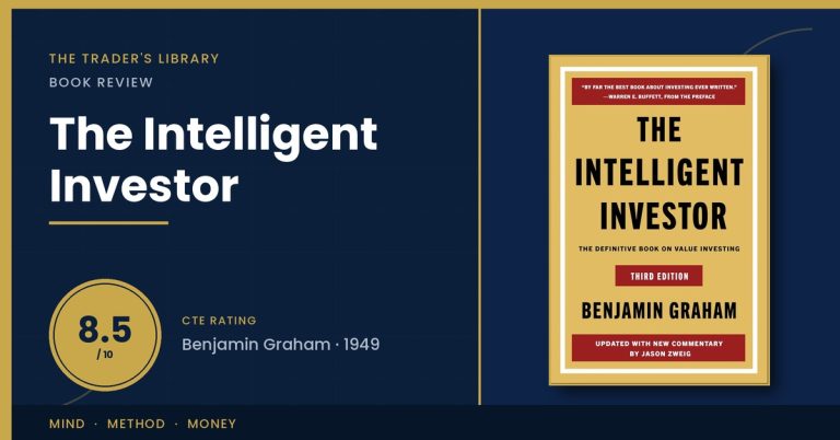 The Intelligent Investor by Benjamin Graham — book cover with The Trader's Library review rating 8.5/10