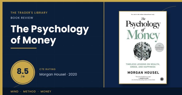 The Psychology of Money by Morgan Housel — book cover with The Trader's Library review rating 8.5/10
