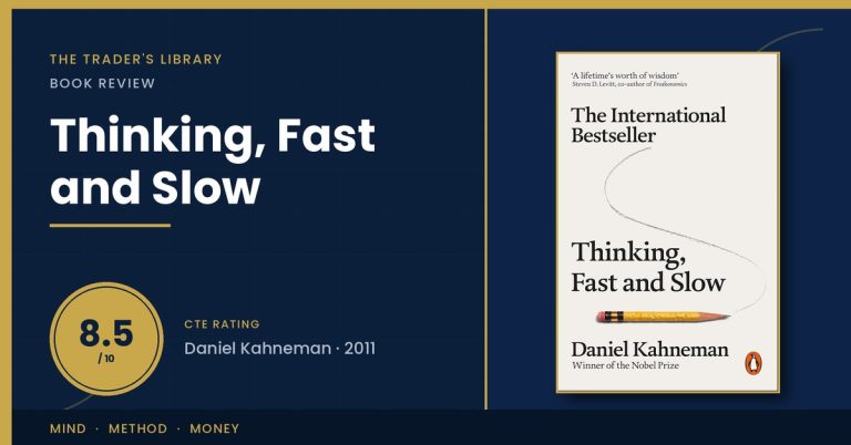 Thinking, Fast and Slow by Daniel Kahneman — book cover with The Trader's Library review rating 8.5/10
