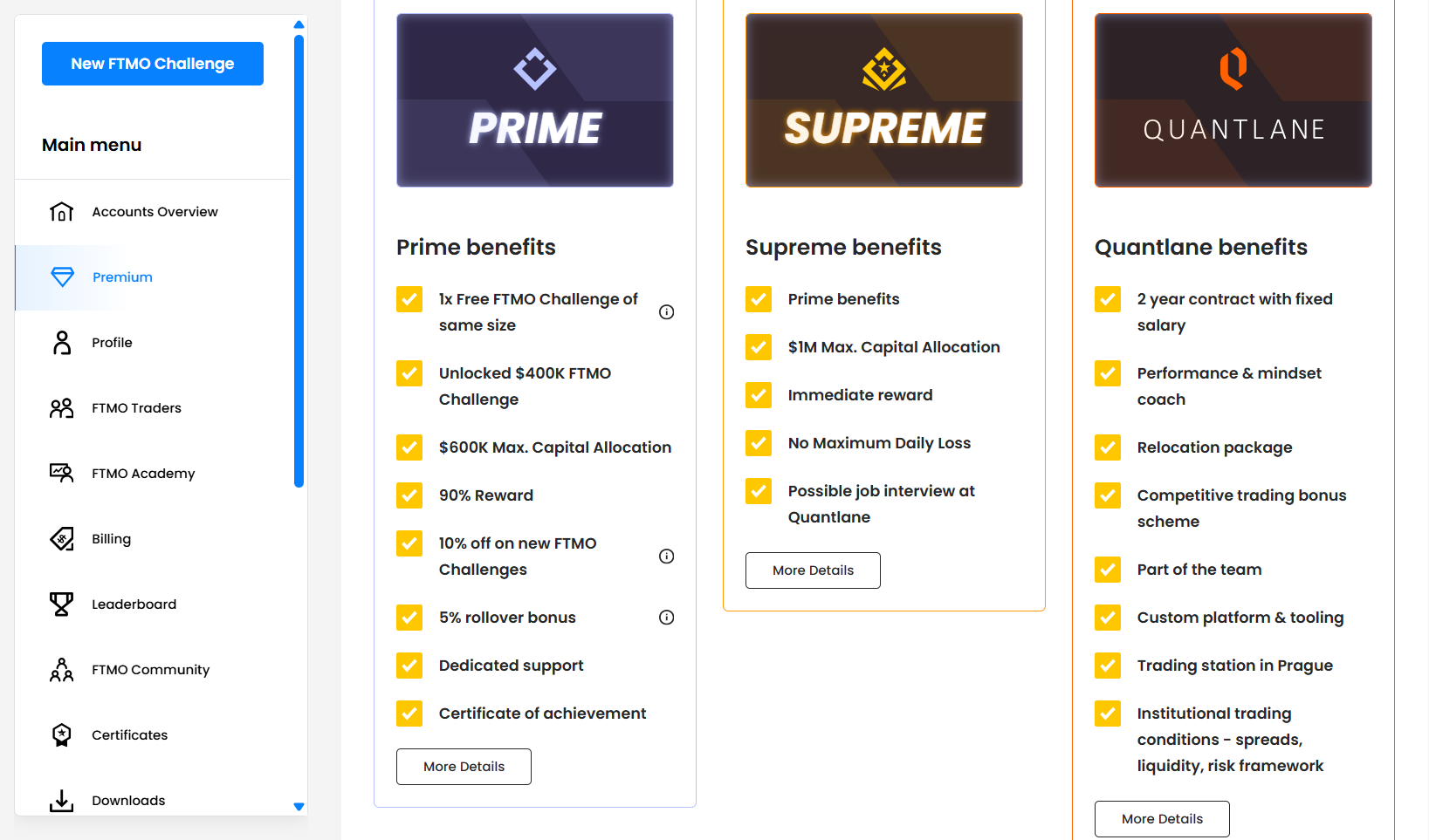 FTMO dashboard showing premium account options that affect challenge pricing