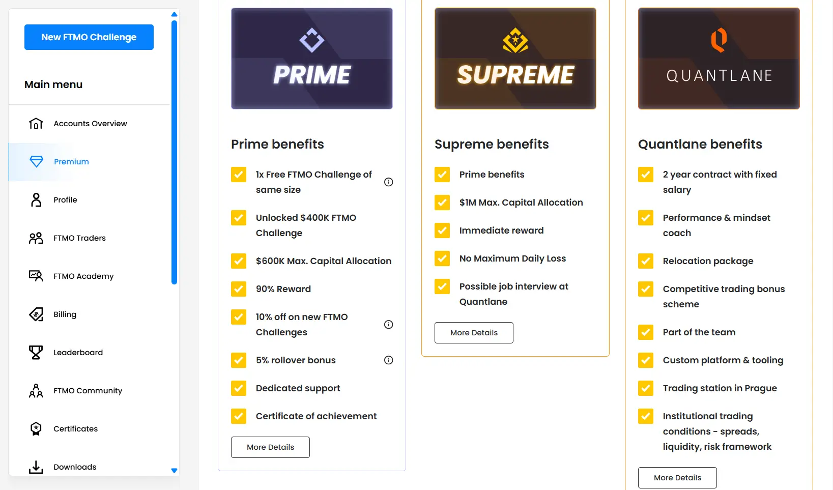 FTMO dashboard showing premium account options that affect challenge pricing
