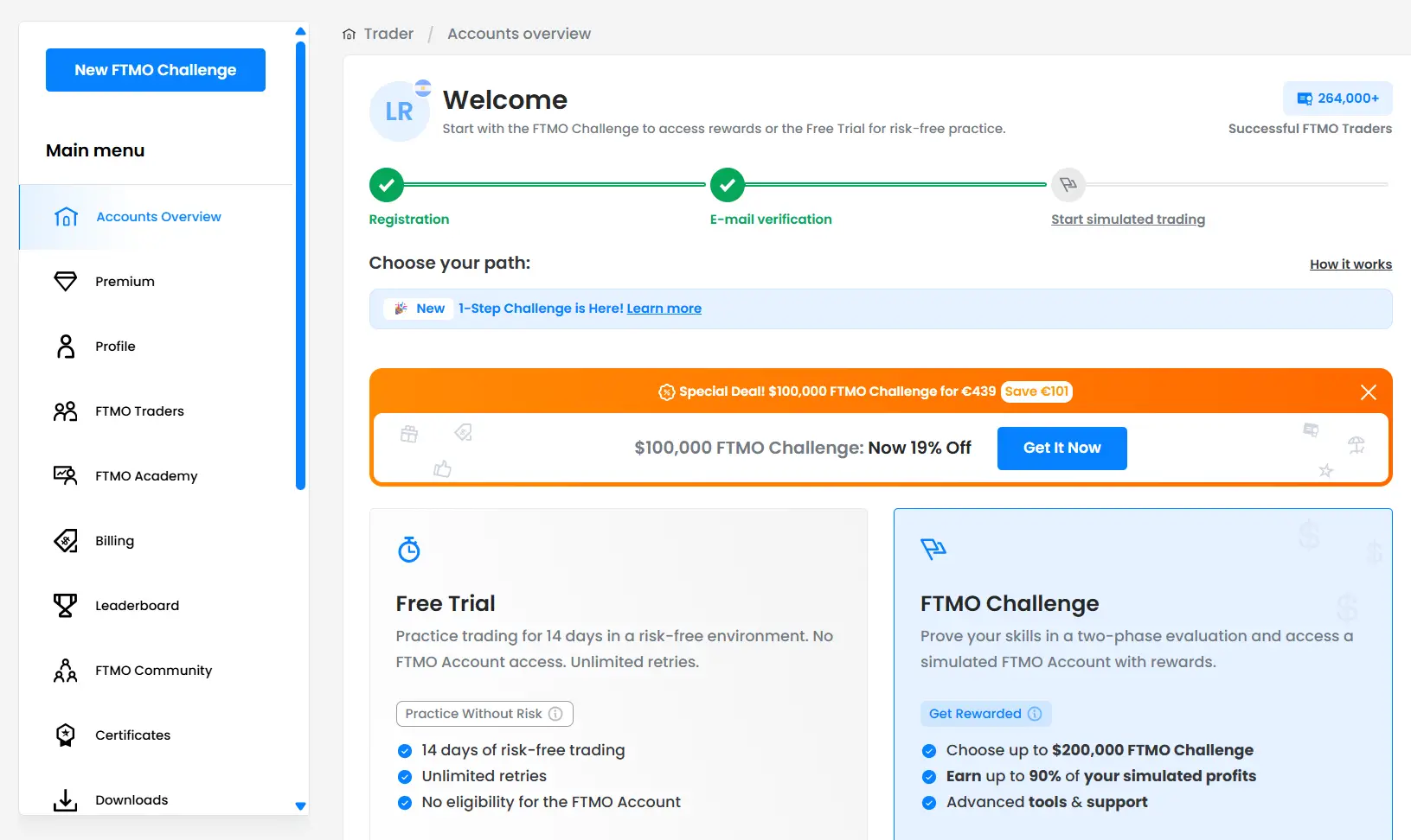 FTMO client dashboard overview with Account MetriX metrics and evaluation progress