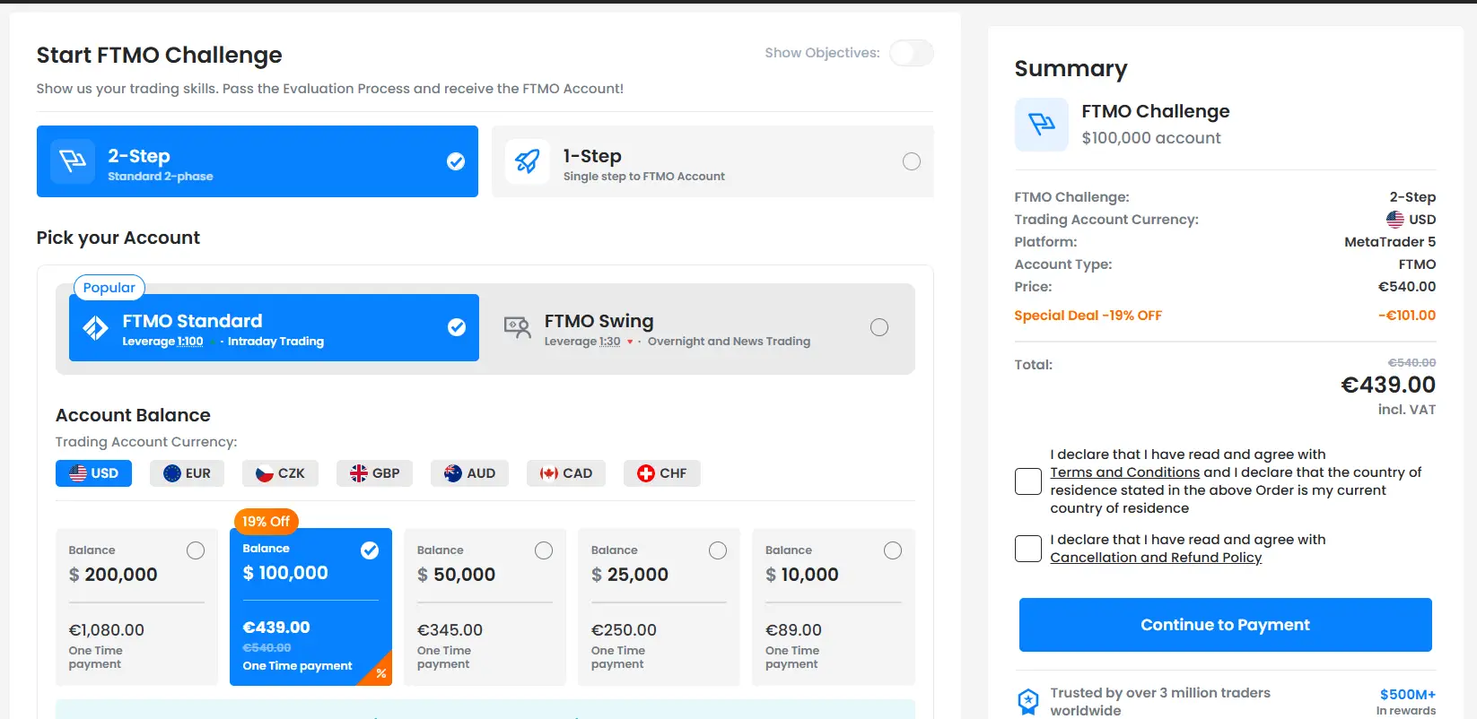How to start an FTMO Challenge: choosing account size and 1-Step or 2-Step evaluation in the FTMO configurator
