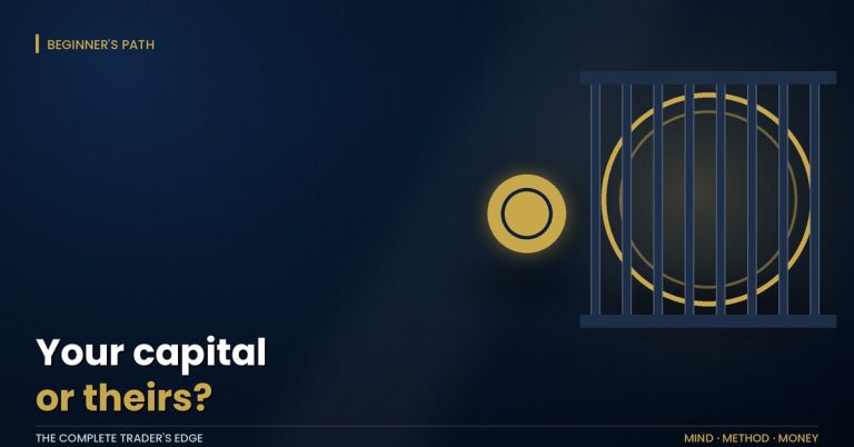 Broker vs prop firm: a small solid gold coin beside a huge gold coin behind cage bars