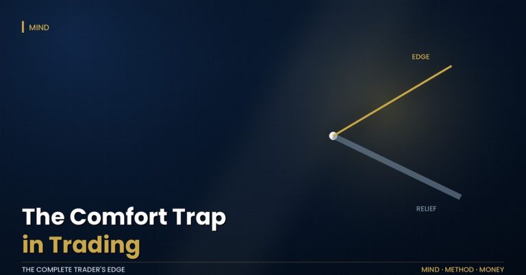 The comfort trap: a wide grey path sloping down toward relief and a narrow gold path climbing toward edge