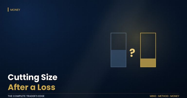 Cutting size after a loss: two position-size blocks compared with a gold question mark between them