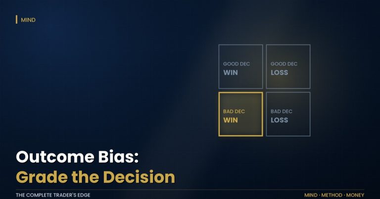 Outcome bias: a two by two decision grid with the bad-decision-good-outcome box lit gold as the danger box