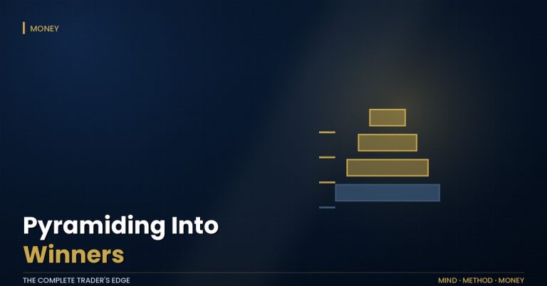 Pyramiding into winners: stacked tranches shrinking as they rise, with the stop line rising alongside
