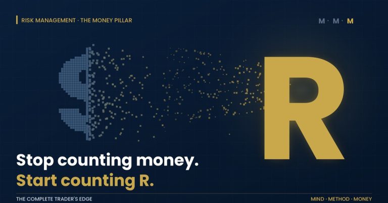 R-multiples explained: dollar sign dissolving into a gold letter R
