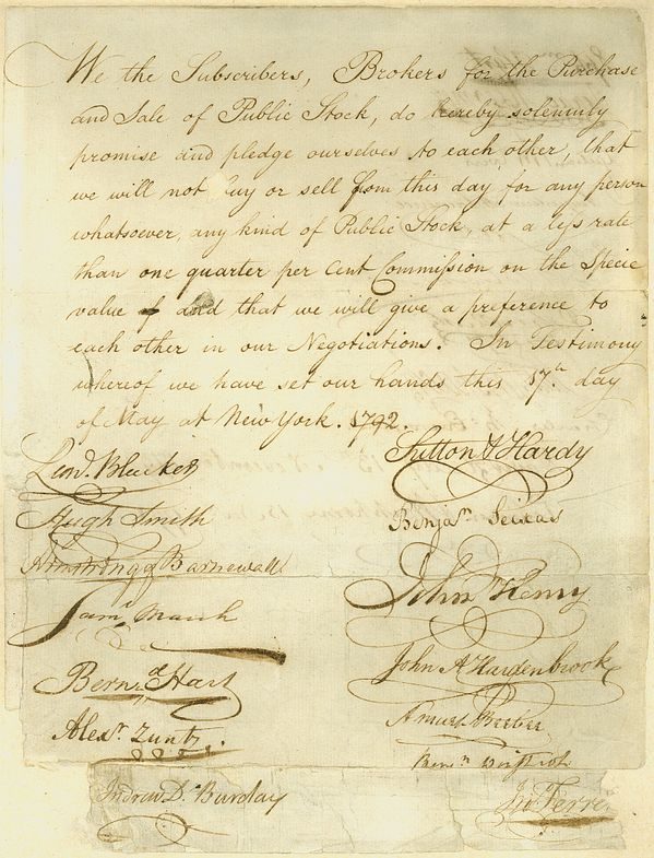 The handwritten 1792 Buttonwood Agreement bearing brokers' signatures, the founding pact of the New York Stock Exchange