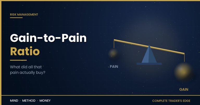Gain-to-pain ratio: a tipped balance scale with a heavy gold gain sphere outweighing a smaller pain sphere