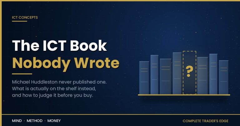 A bookshelf of steel-blue spines with one empty slot outlined in dashed gold and marked with a question mark, illustrating that no ICT book by Michael Huddleston exists.