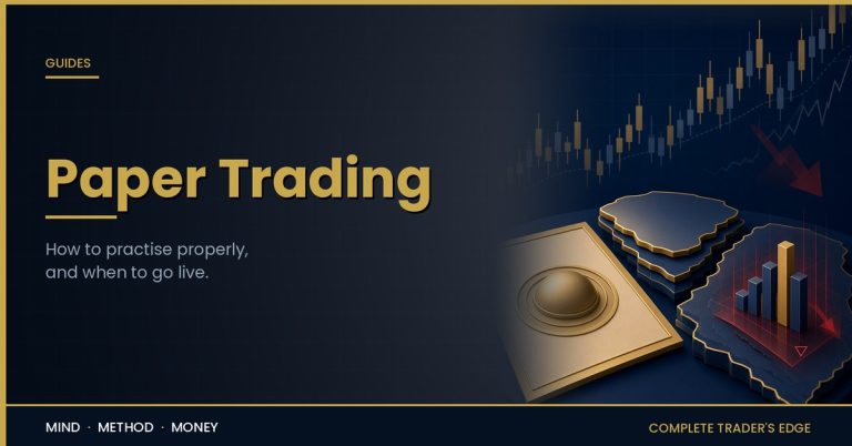 Paper trading: a printed chart and pen on a dark desk, practice before live capital