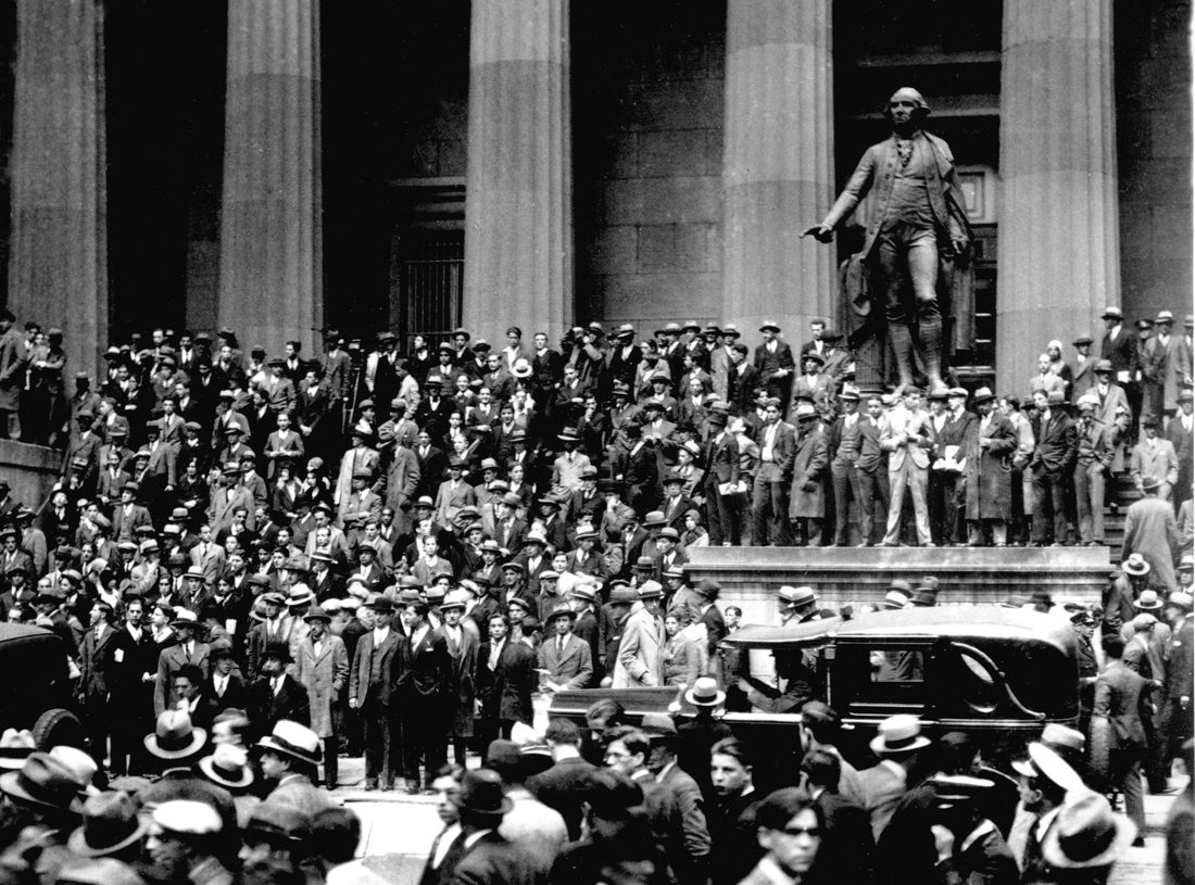 Crowds gathering on Wall Street outside Federal Hall and the New York Stock Exchange during the Wall Street Crash of 1929