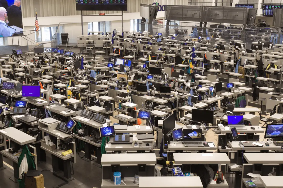 The Chicago Board of Trade trading floor, where futures prices were discovered by open outcry before electronic matching
