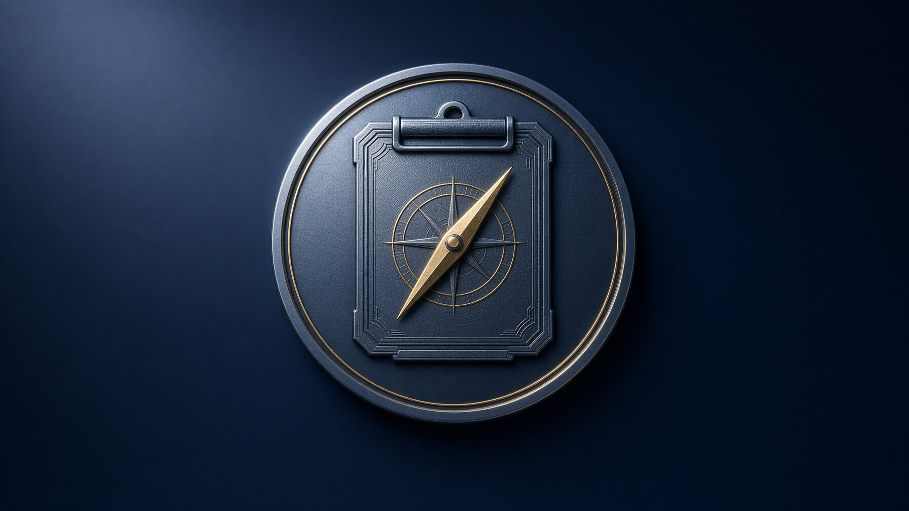 Engraved steel and gold medallion for the Chief of Staff seat: a clipboard with a compass needle