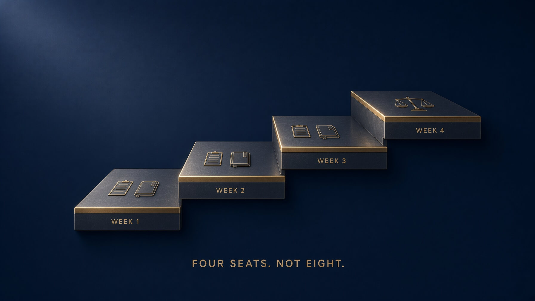 Four-week staircase for installing a Grok trading desk, adding one seat a week, caption Four seats. Not eight.
