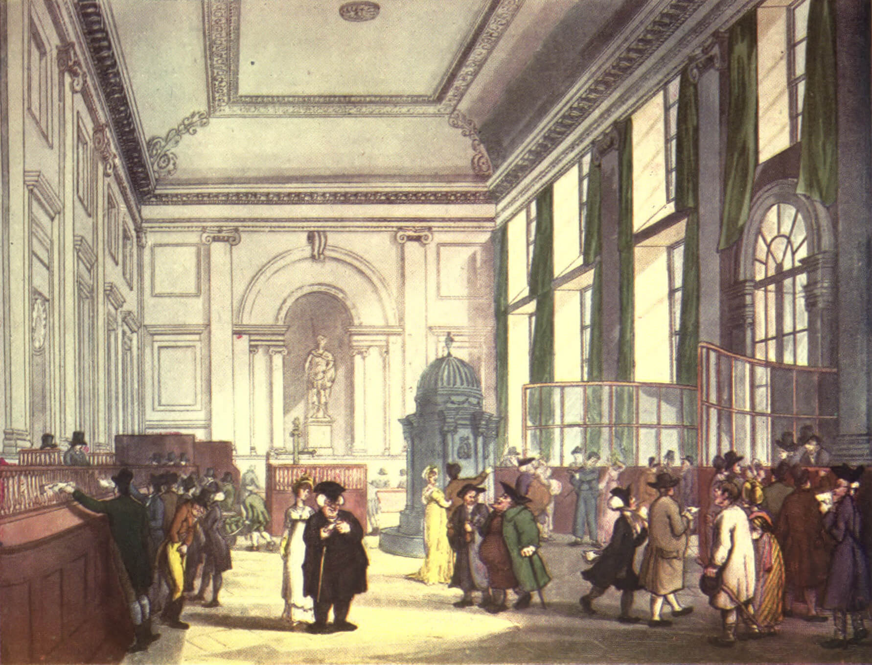 The Great Hall of the Bank of England on Threadneedle Street in 1808, aquatint from the Microcosm of London