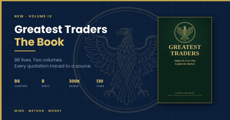 Greatest Traders book cover beside the falcon sigil, announcing the 86-chapter book by Louw van Riet