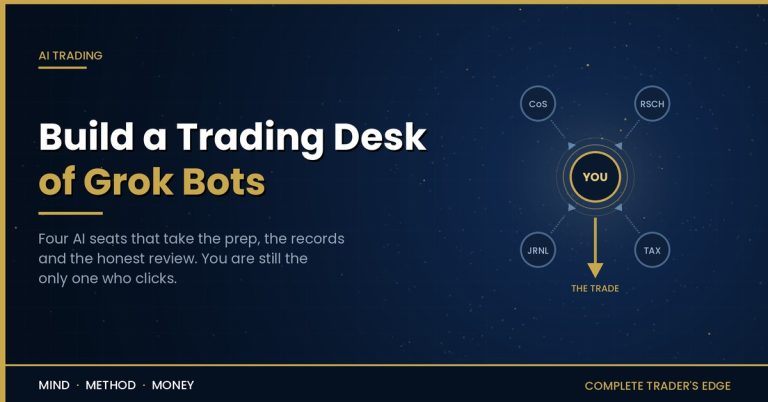 Diagram of a four-seat AI trading desk built from Grok bots, with chief of staff, research, journal and tax seats feeding the trader, who alone places the trade