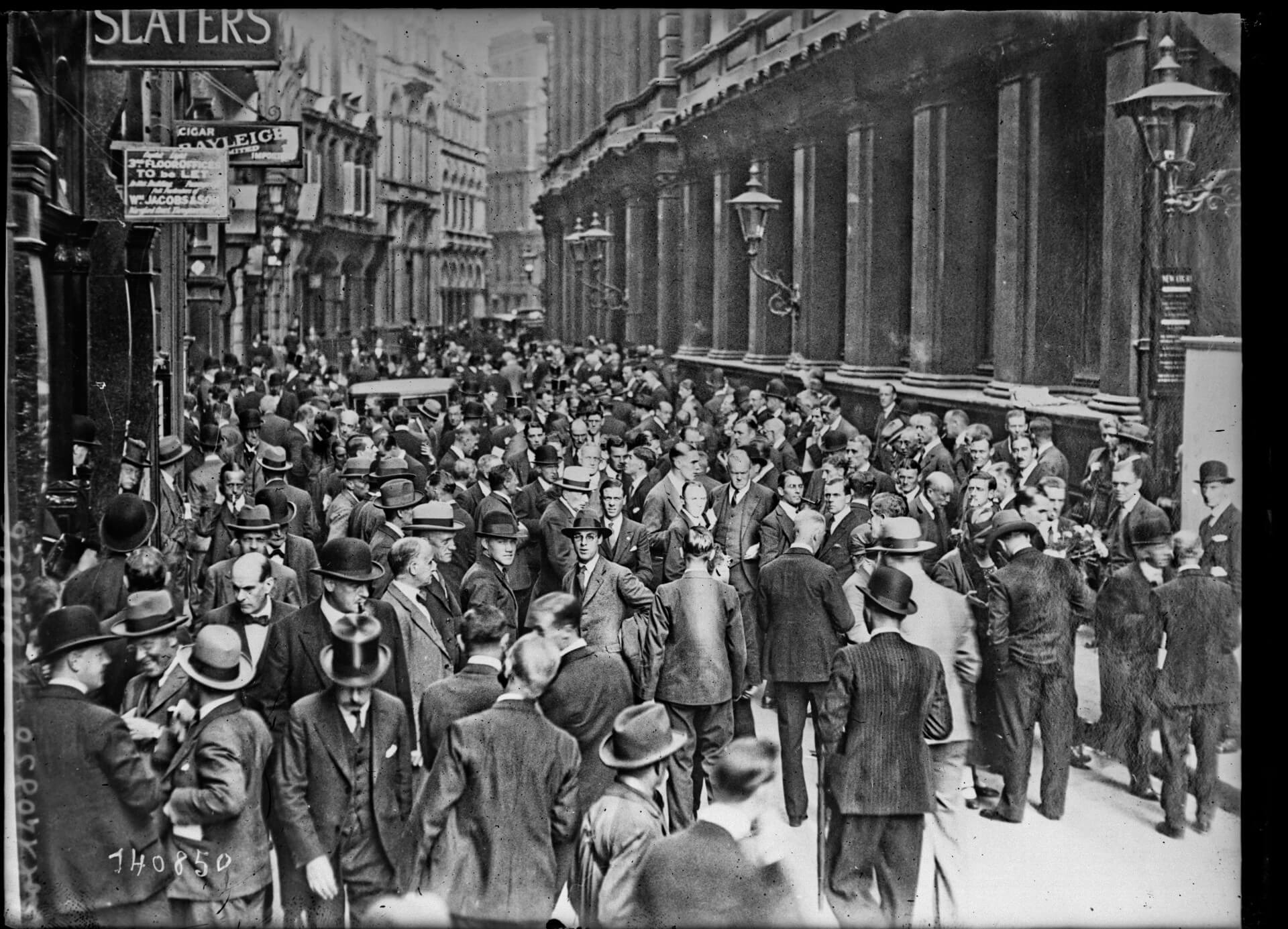 Crowd outside the London Stock Exchange on 21 September 1929, the day after the Hatry group's shares were suspended