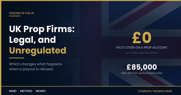 UK prop firms are unregulated: no FSCS cover on a prop account against 85,000 pounds with an FCA-authorised broker