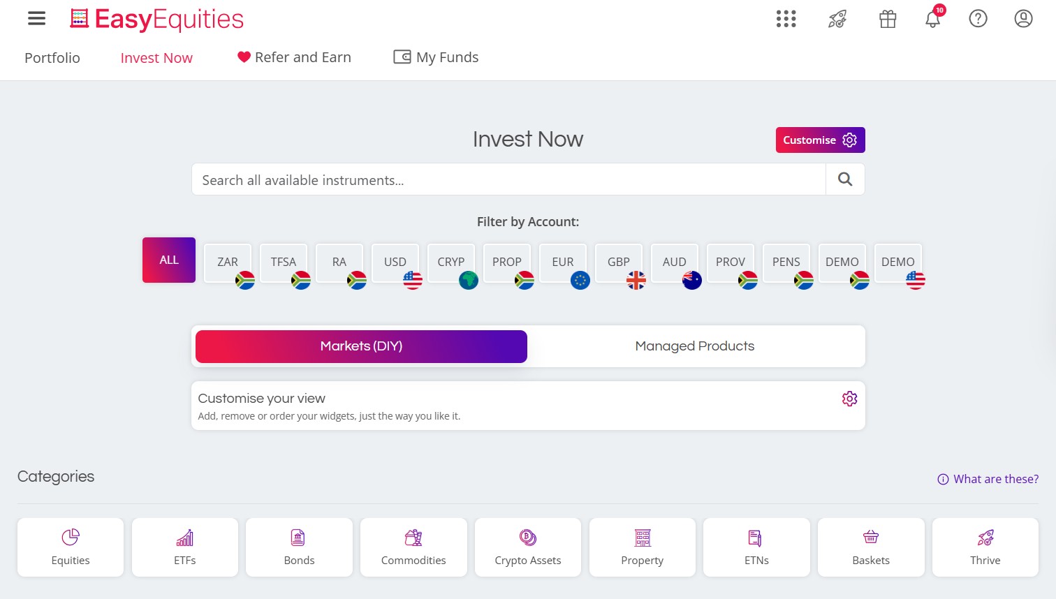 EasyEquities Invest Now screen showing the account filter for ZAR, TFSA, RA, USD, crypto, property, EUR, GBP, AUD, preservation and demo accounts