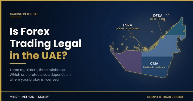Map of the UAE marking the three financial regulators: DFSA in Dubai's DIFC, FSRA in Abu Dhabi's ADGM, and the federal CMA onshore